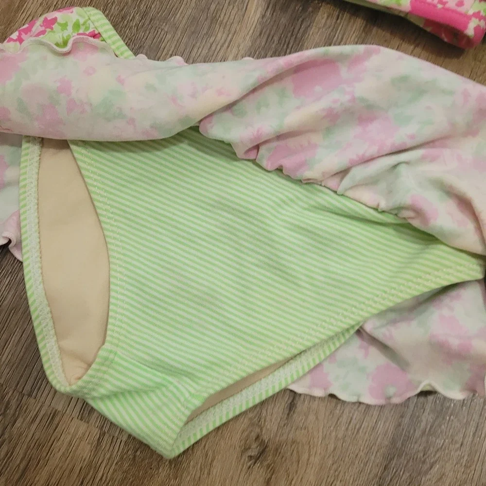 Ralph Lauren Girls Pink Green Floral Striped Ruffle Skirted Bikini Swimsuit 6‎